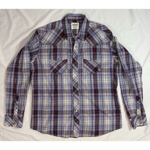 Ariat Retro Fit Pearl Snap Button Mens XL Purple Black Plaid Short Sleeve